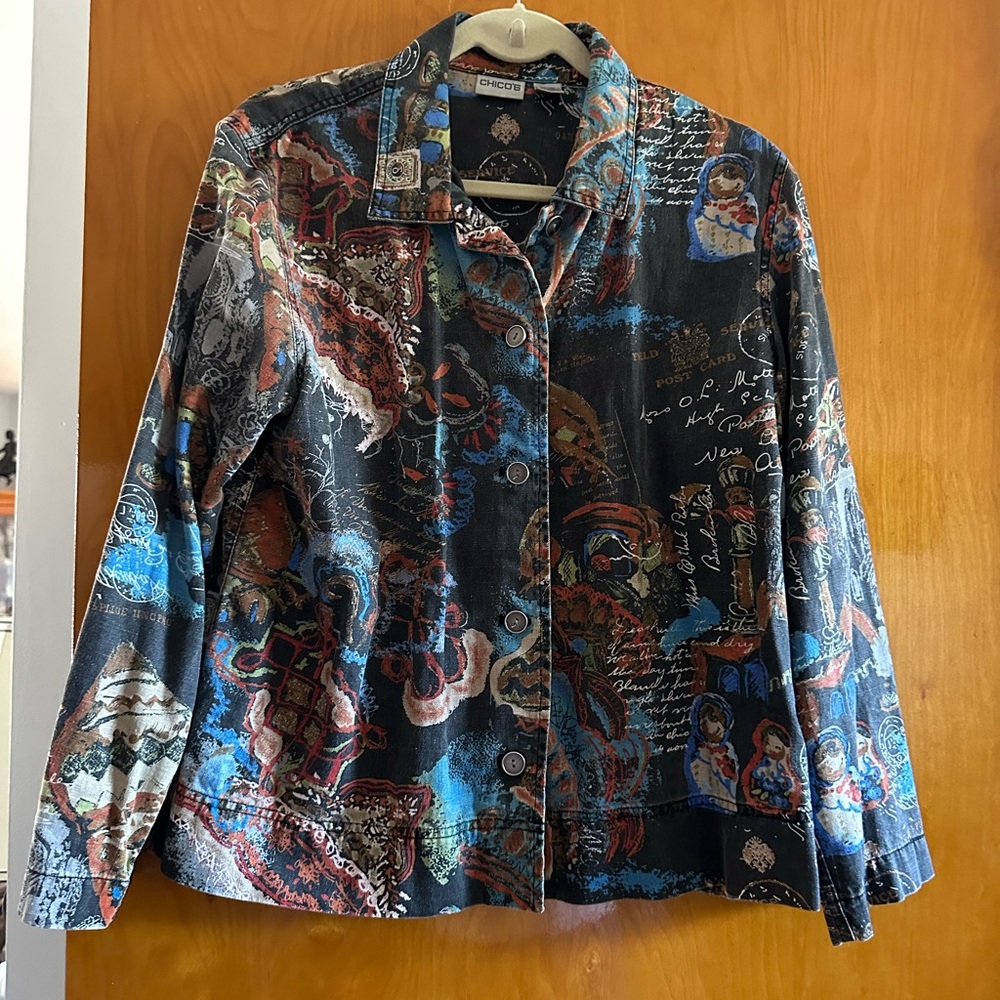 Chico's Artistic Black and Blue Linen-Cotton Jacket